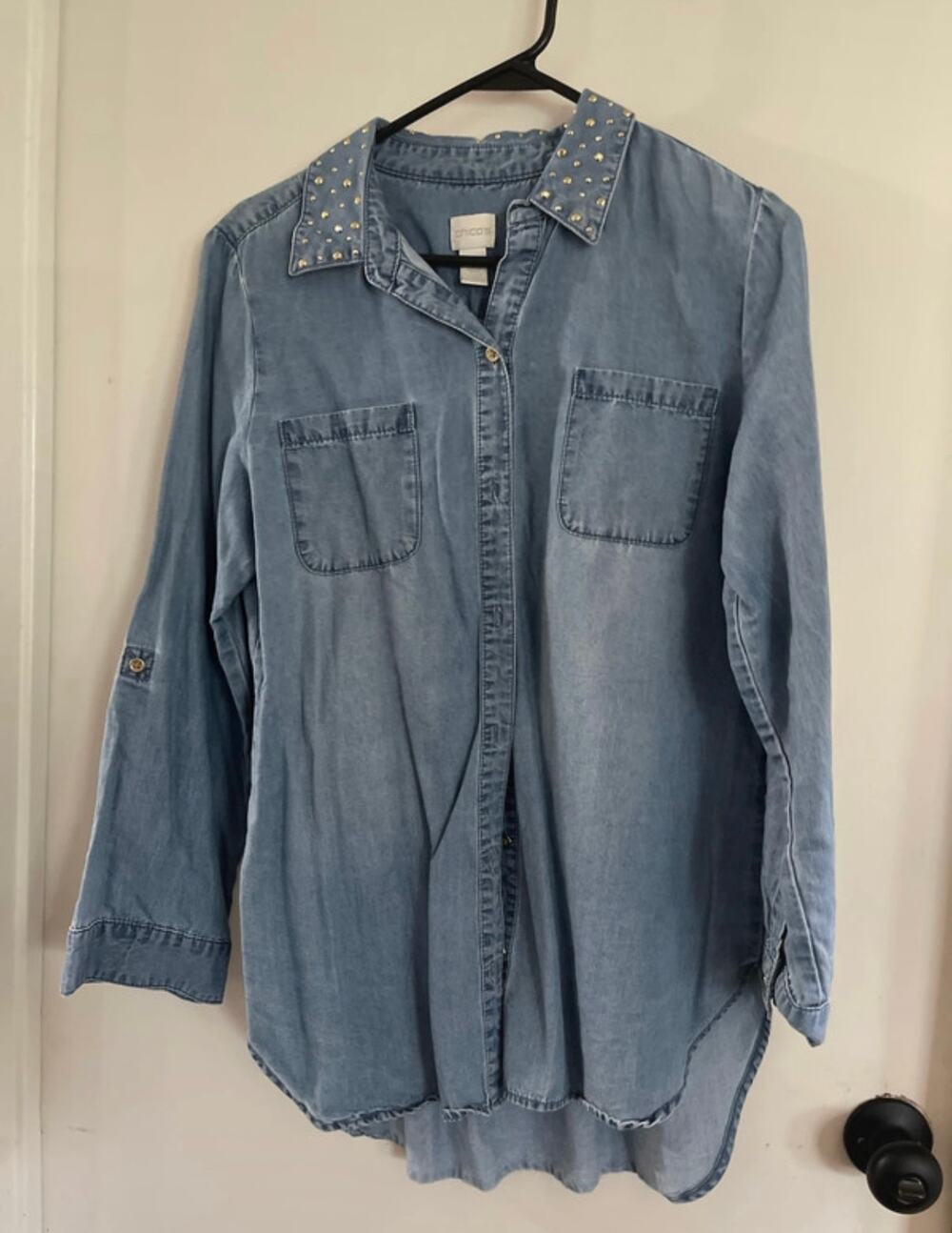 Women's Chicos Denim Long Sleeve Embellished Shirt Blouse Size 1 Medium